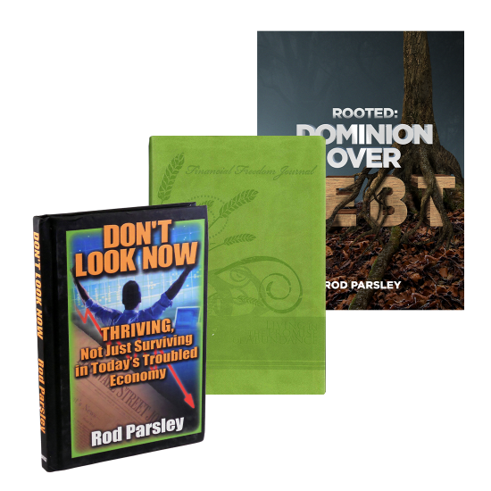 Don't Look Now book, Financial Freedom Journal, and Rooted: Dominion Over Debt
